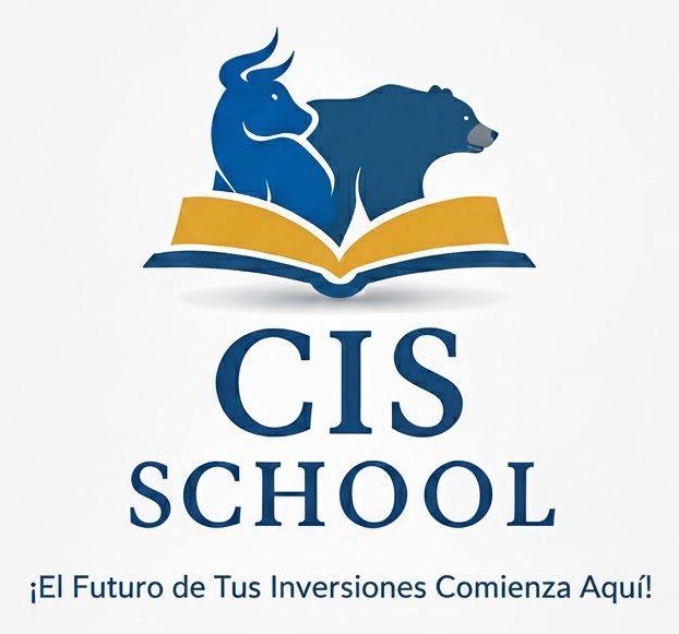 Logo de CIS School: un toro y un oso sobre un libro abierto, con el lema «¡El Futuro de Tus Inversiones Comienza Aquí!»